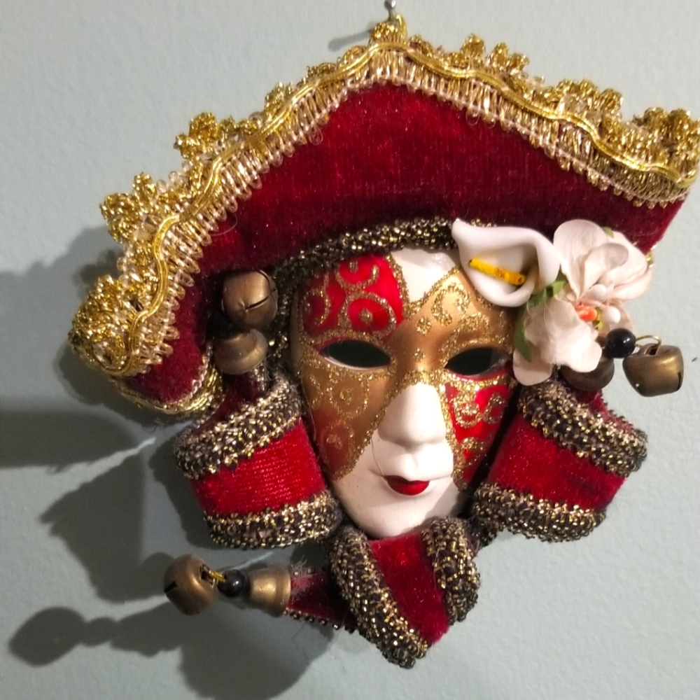 Vintage Ceramic Masquerade Mask - Red & Gold